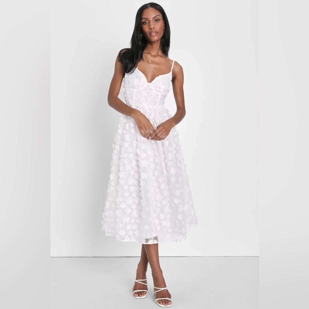 Lulus Whimsical Wishes White 3D Appliqué Mesh Floral Bustier Midi Dress Medium